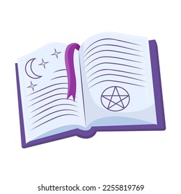 Open magic book with secret signs sticker vector illustration. Cartoon drawing of witchcraft or magic element in boho style isolated on white background