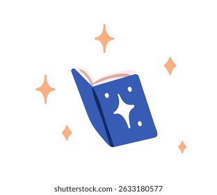 Open magic book with sparkles. Fiction literature, fantasy story with wonder stars and mystic secrets. Fairytale, imagination, mystery concept. Flat vector illustration isolated on white background