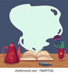 Open magic book with spells, quill pen, teapot and cup with flower on wooden table. Fairy tale theme. Hand drawn vector design for children poster or card