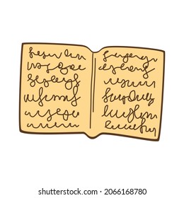 An open magic book with spells. Writing recipes for magic, magic. Vector illustration in hand drawn cartoon style.