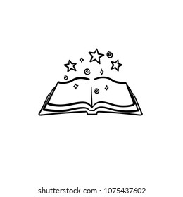 Open magic book with stars hand drawn outline doodle icon. Magic book vector sketch illustration for print, web, mobile and infographics isolated on white background.