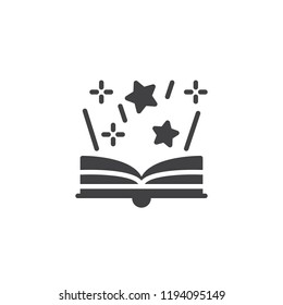 Open magic book with stars vector icon. filled flat sign for mobile concept and web design. Fairytale book solid icon. Symbol, logo illustration. Pixel perfect vector graphics