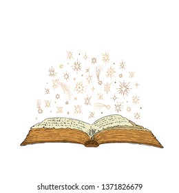 Open magic book and stars. Vector sketch old book in vintage style. Hand drawn ink illustration.