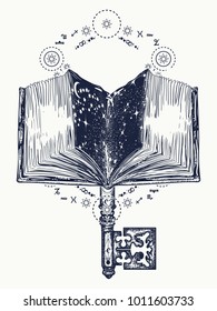 Open magic book and vintage key tattoo and t-shirt design. Symbol of wisdom, lives and death, education, literatures, poetry, reading 