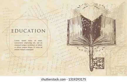 Open magic book and vintage key. Education concept. Renaissance background. Medieval engraving manuscript. Vintage paper with drawings, vector 