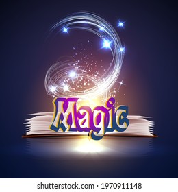 Open magic book and a wand with bright lights.