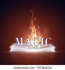 Open magic book and a wand with bright lights.
