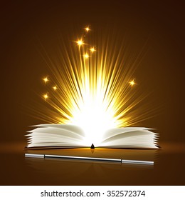 Open magic book and a wand with bright lights.