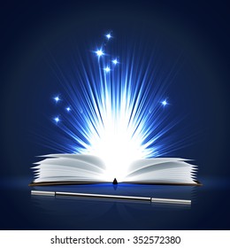 Open magic book and a wand with bright lights.