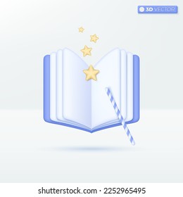 Open Magic book with magic wand and stars flying out icon symbol. Fairytale pictogram. Power of knowledge sign. Fantasy world concept. 3D vector isolated illustration, Cartoon pastel Minimal style.