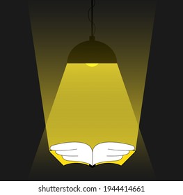 An open magic book with wings soars towards the light from the lamp. Vector illustration.