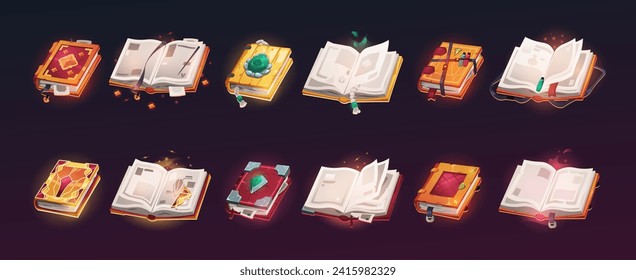 Open magic books. Cartoon ancient papyrus books with witchcraft spell game UI elements, old mystic paper volumes for witchcraft education. Vector GUI set. Mystical literature with gems