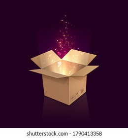 Open magic cardboard box with a glow inside.
