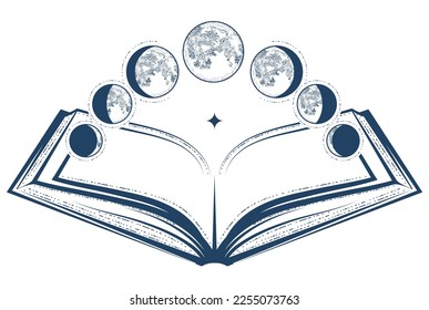 Open magic dream book and lunar phases, phase of the moon, astrology and  horoscope knowledge, oneiromancy, sorcery and prediction, vector