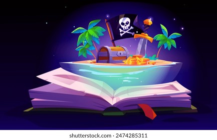 Open magic fairytale book with pirate island scene on paper pages. Cartoon vector children storybook showing sea or ocean blue water, sand shore with palm trees, chest and golden coins, black flag.