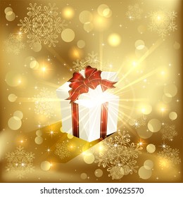 Open magic Gift box on golden background, illustration.