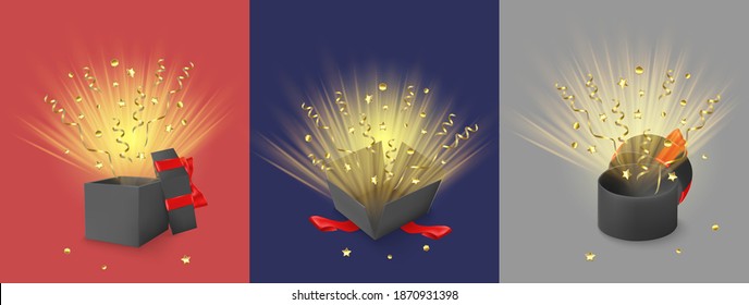 Open magic gift boxes with shine, confetti and serpentine, vector isolated illustration. Realistic black boxes and lids with red bows and ribbons for birthday, Christmas greeting card, flyer, banner.