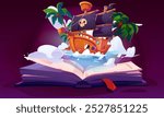 Open magic paper book with illustration of tale about pirate ship with black sails floating in blue water with palm trees and blue clouds. Cartoon vector adventure storytelling and literature.