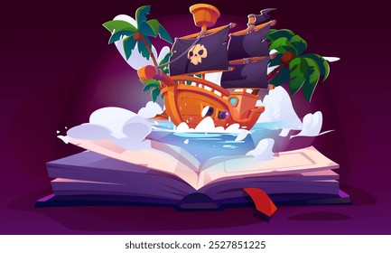 Open magic paper book with illustration of tale about pirate ship with black sails floating in blue water with palm trees and blue clouds. Cartoon vector adventure storytelling and literature.