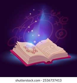 Open magic spell book in bright magical glow. Vector Illustration