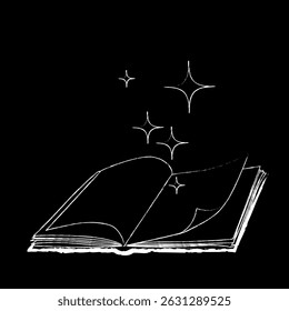 Open magical book with blank pages and stars. Black and white. Vector illustration for education, publishing, bookstore.