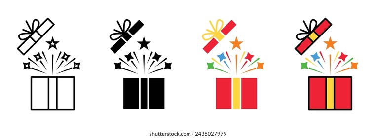 Open Magical Gift Box Icon Set. Vector of Birthday or Christmas Surprise Boxes.