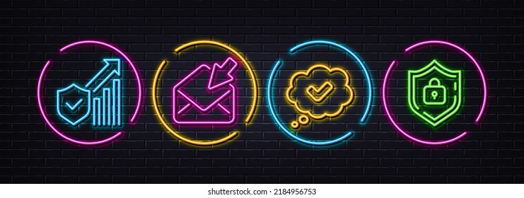 Open mail, Approved and Security statistics minimal line icons. Neon laser 3d lights. Shield icons. For web, application, printing. View e-mail, Comic message, Cyber protection. Vector
