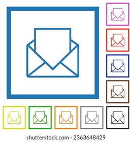 Open mail with blank letter outline flat color icons in square frames on white background