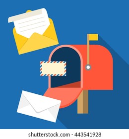 open mail box with envelope and message, flat design vector 