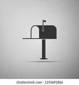 Open mail box icon isolated on grey background. Mailbox icon. Mail postbox on pole with flag. Flat design. Vector Illustration