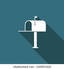 Open mail box icon isolated with long shadow. Mailbox icon. Mail postbox on pole with flag. Flat design. Vector Illustration