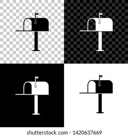 Open mail box icon isolated on black, white and transparent background. Mailbox icon. Mail postbox on pole with flag. Vector Illustration