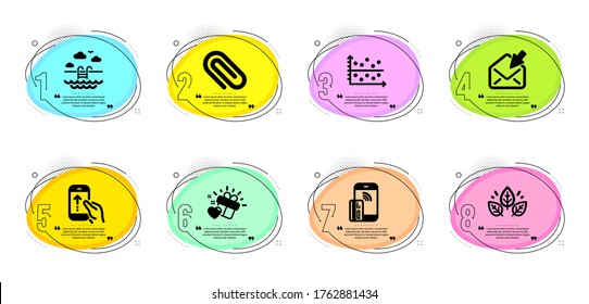 Open mail, Contactless payment and Swipe up signs. Timeline infographic. Love gift, Organic tested and Paper clip line icons set. Swimming pool, Dot plot symbols. Heart, Bio ingredients. Vector