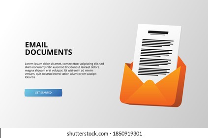 open mail document clip 3d icon letter with files paper for digital message inbox