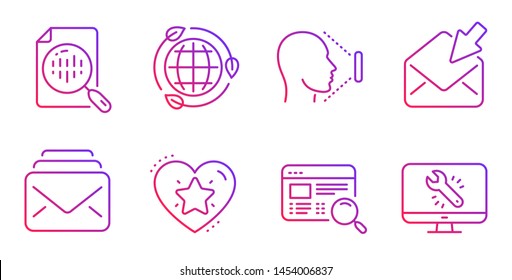 Open mail, Eco energy and Website search line icons set. Mail, Face id and Ranking star signs. Analytics chart, Monitor repair symbols. View e-mail, Ecology. Technology set. Vector