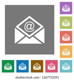 Open mail with email symbol flat icons on simple color square backgrounds