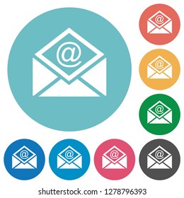 Open mail with email symbol flat white icons on round color backgrounds