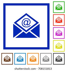 Open mail with email symbol flat color icons in square frames on white background