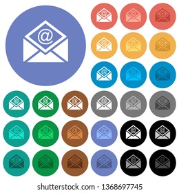 Open mail with email symbol multi colored flat icons on round backgrounds. Included white, light and dark icon variations for hover and active status effects, and bonus shades.