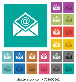 Open mail with email symbol multi colored flat icons on plain square backgrounds. Included white and darker icon variations for hover or active effects.