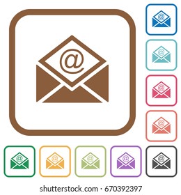 Open mail with email symbol simple icons in color rounded square frames on white background