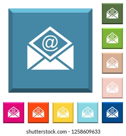 Open mail with email symbol white icons on edged square buttons in various trendy colors