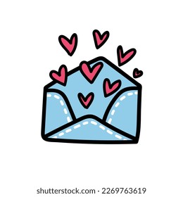 Open mail envelope with flying hearts isolated on white. Lovely romantic Valentine Day postal letter envelope decor element. Express delivery for your couple on Valentine's Day. Doodle vector.