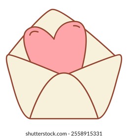 Open mail envelope with heart.Love letter.Postal envelope with small heart.Vector illustration.Isolated on white background.Groovy style.