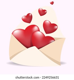 open mail envelope icon, letter letter with red heart. Realistic element for romantic design. Isolated object on pink background