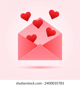 Icono de sobre de correo abierto, carta de amor con corazón rojo. Elementos de diseño románticos en colores agradables. Concepto de San Valentín. Objeto aislado en un fondo rosado. Ilustración vectorial.