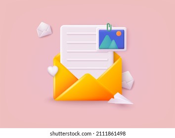 Open mail envelope icon with marker new message.  Document and postal envelope. 3D Web Vector Illustrations.