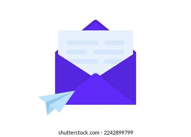 Open mail envelope icon with paper plane. Render new unread email notification. Vector illustration