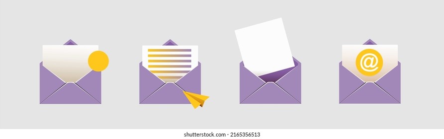open mail envelope icon set with marker new message
 isolated on grey background. Render email notification
 with letters, check mark, paper plane and magnifying glass.
 realistic vector