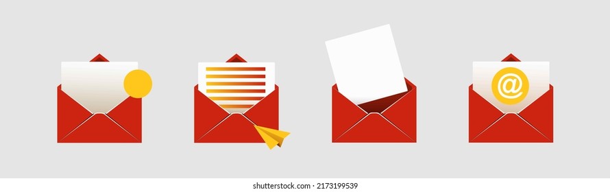 open mail envelope icon set with marker new message
 isolated on grey background. Render email notification
 with letters, check mark, paper plane and magnifying glass.
 realistic vector